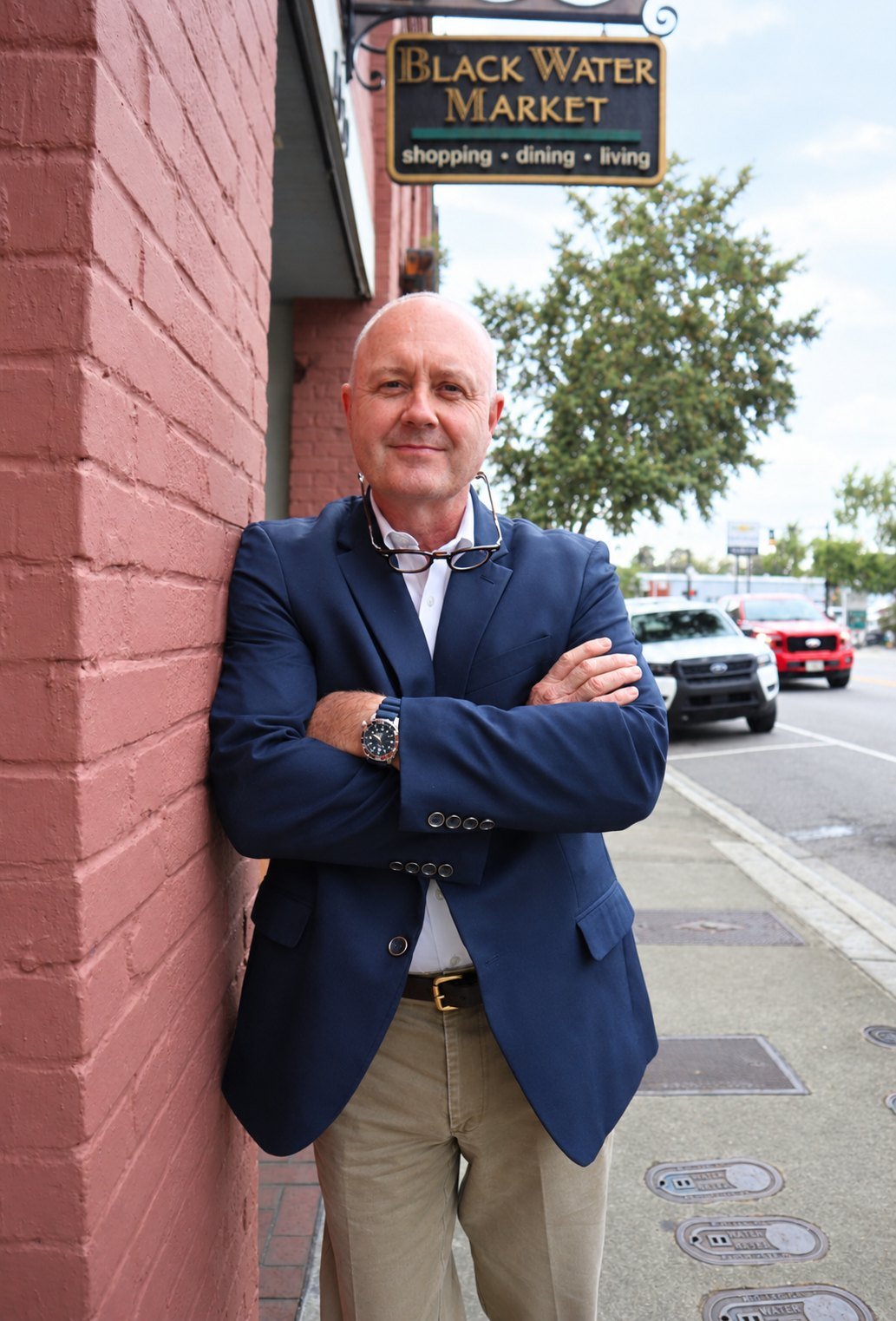 Richard Causey leaning against a brick wall beneath the Black Water Market sign